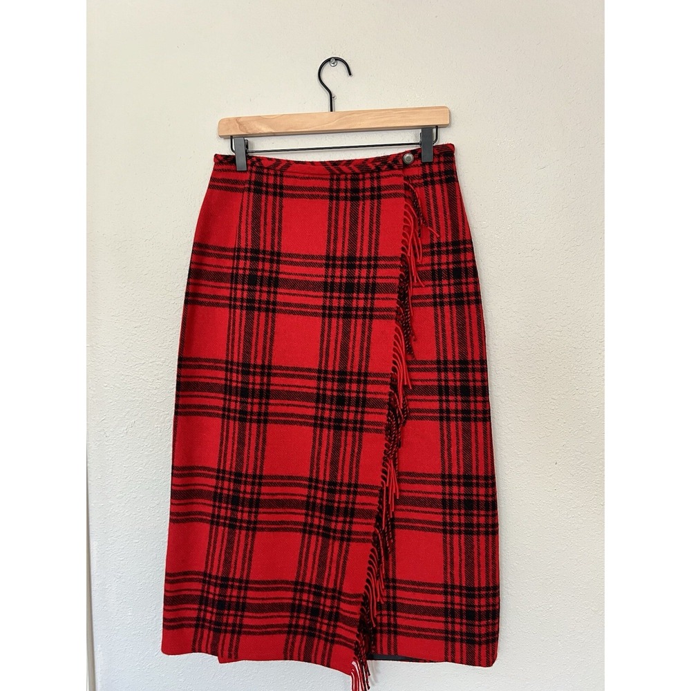 Vintage Eddie Bauer Red Black Plaid Wool Wrap Fringed Lined Blanket Skirt P 10
